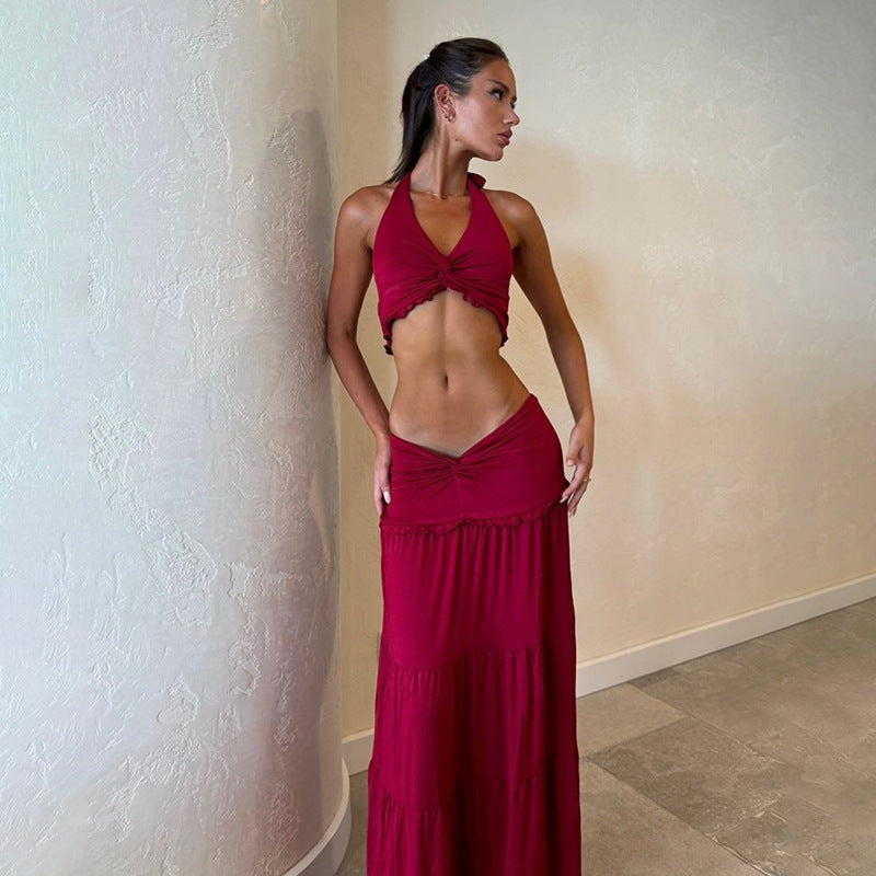 Women's V-neck halter vest and high waist skirt set in wine red, sleeveless polyester outfit.
