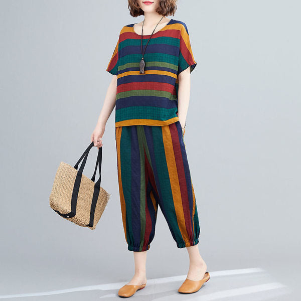 Women's Fashion Summer Loose Art Retro Striped Casual Two-piece Set