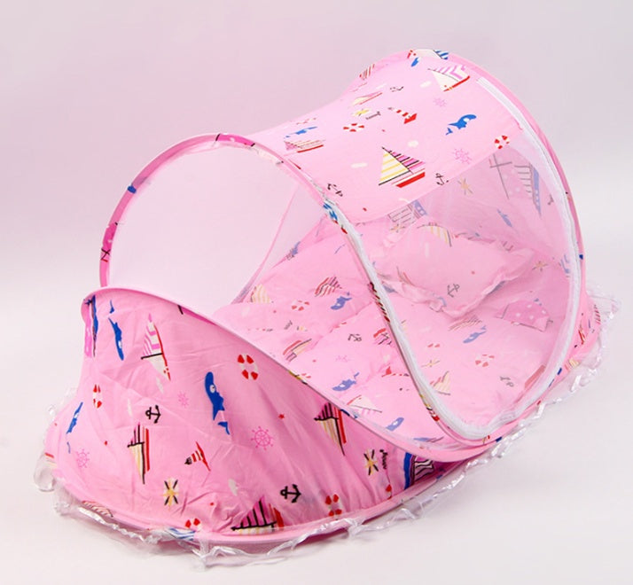 Foldable and breathable baby bed net with pillow set, pink design.