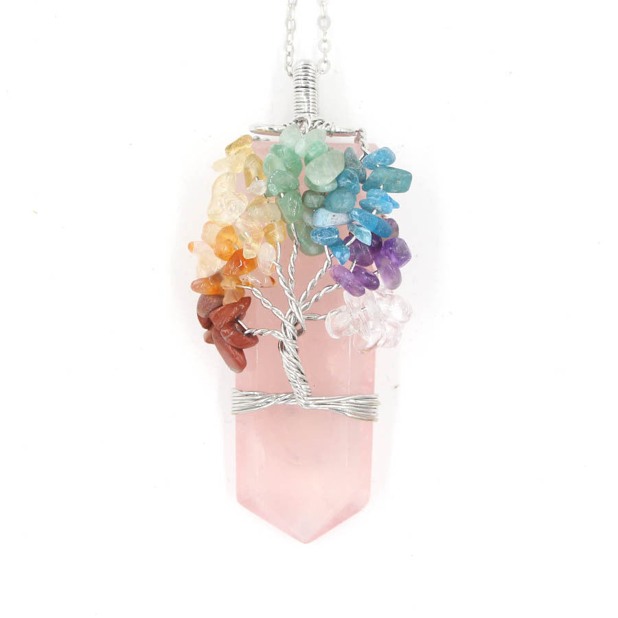 Crystal Column Tree of Life Winding Pendant Necklace with natural crystals and synthetic opal.