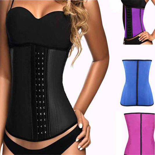 Women's waist trainer corset with steel boning and adjustable hooks for a firm, slimming fit.