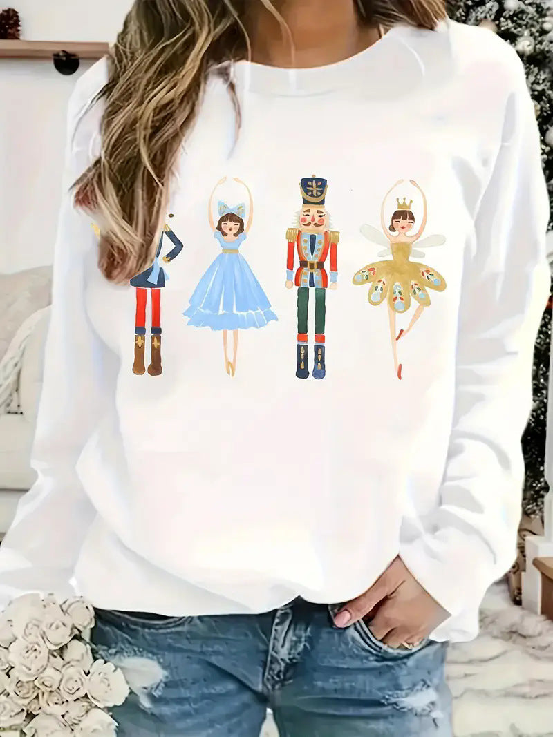 Women's printed long sleeve crew neck sweater with colorful character designs.