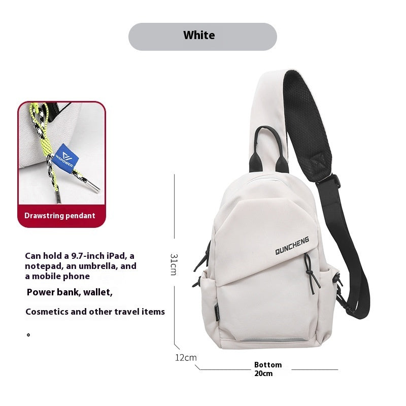 Men's small crossbody bag with drawstring pendant in creamy-white color, wear-resistant and burden-reducing, ideal for leisure travel.