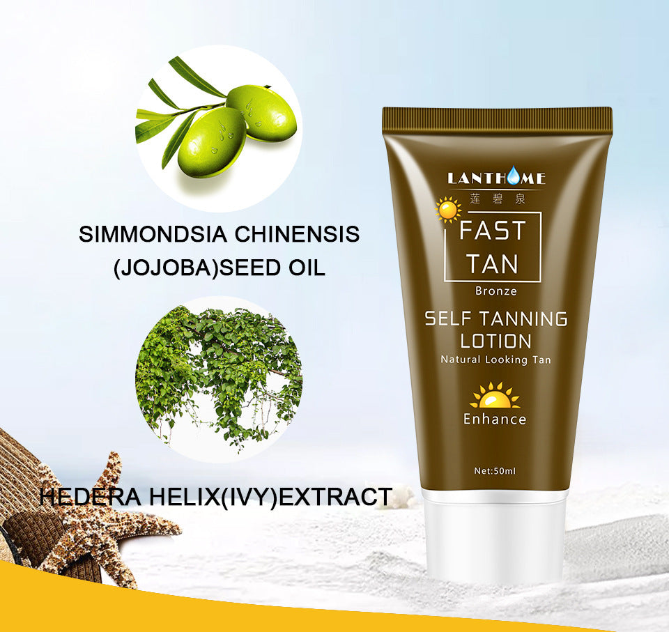 Fast tan self-tanning lotion with jojoba seed oil and ivy extract for a natural look.