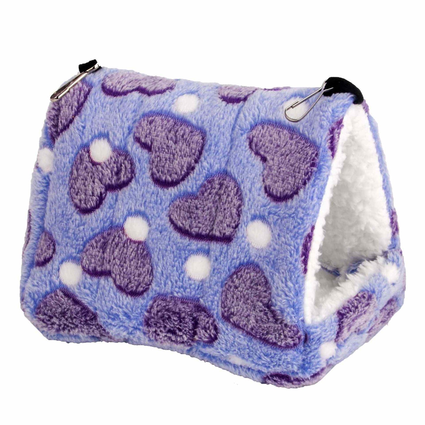 Cozy purple flannel hamster thermal tent with heart patterns for easy travel.