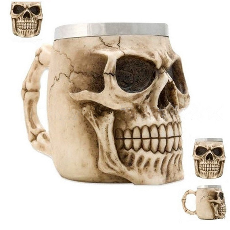 3D skull coffee mug with handle, creative resin and stainless steel design, 400ml capacity.