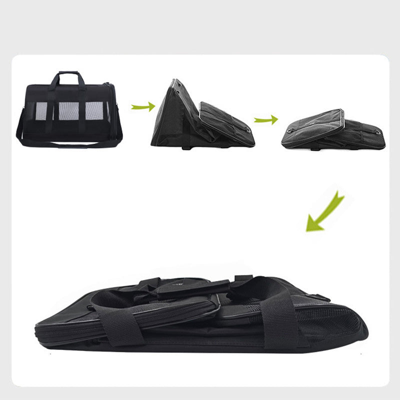 Foldable black pet carrier bag for dogs and cats, showcasing transport convenience.