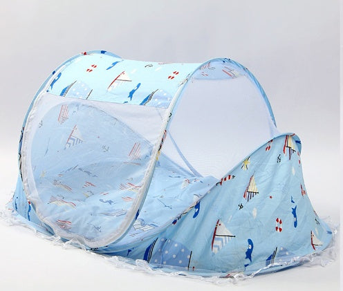 Foldable breathable baby bed net with pillow, blue mesh fabric, insect protection, travel-friendly.