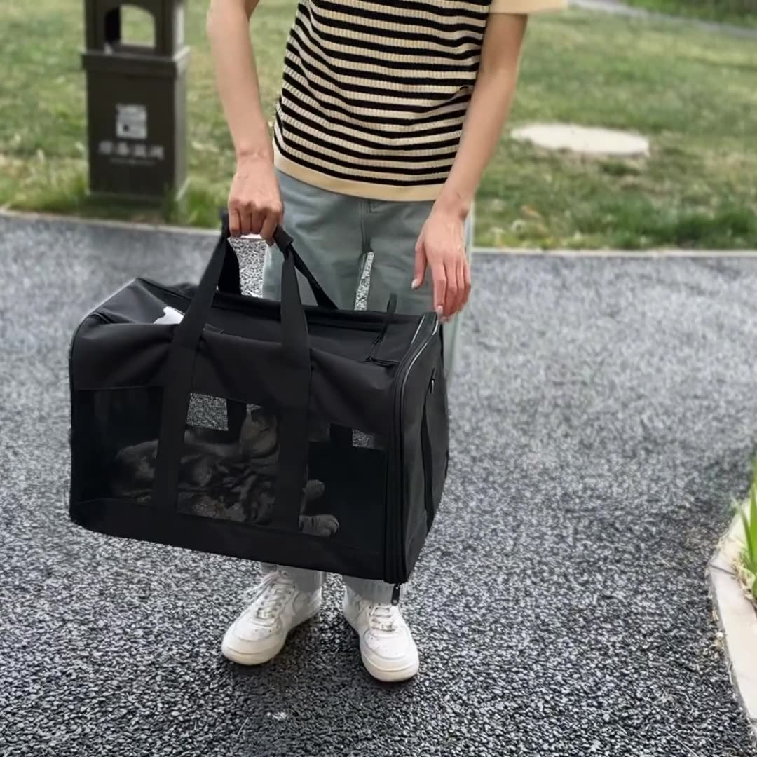 Portable pet carrier bag with handles, black, designed for transporting cats or dogs, breathable mesh panels, outdoor setting.