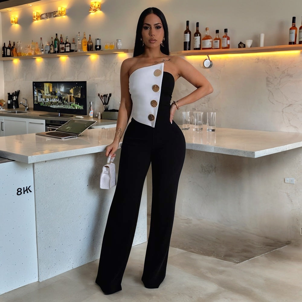 Black and white sleeveless women's button jumpsuit with high elasticity, mid waist, and straight pants style.