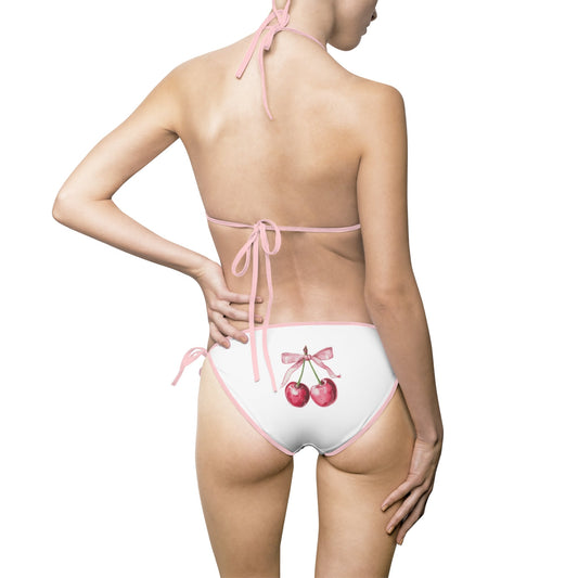Cherry print triangle top and striped bikini, women's swimwear set.