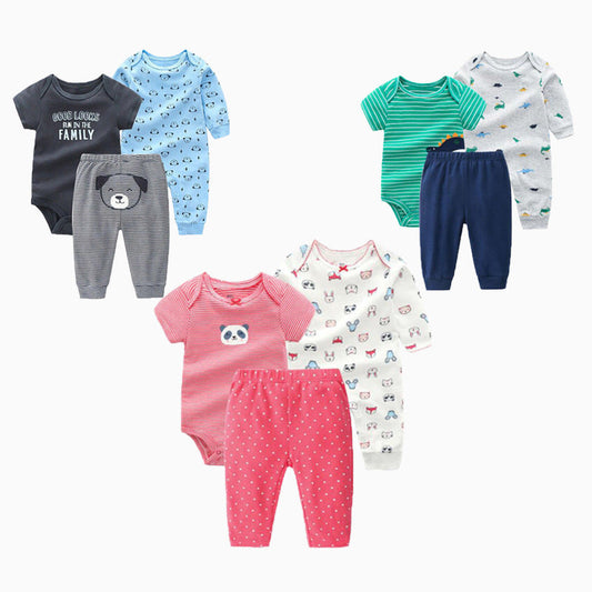 Baby clothing set, gender-neutral two-piece with long sleeves, suitable for infants aged 1-3 years, featuring animal, stripe, and cartoon patterns in cotton fabric.
