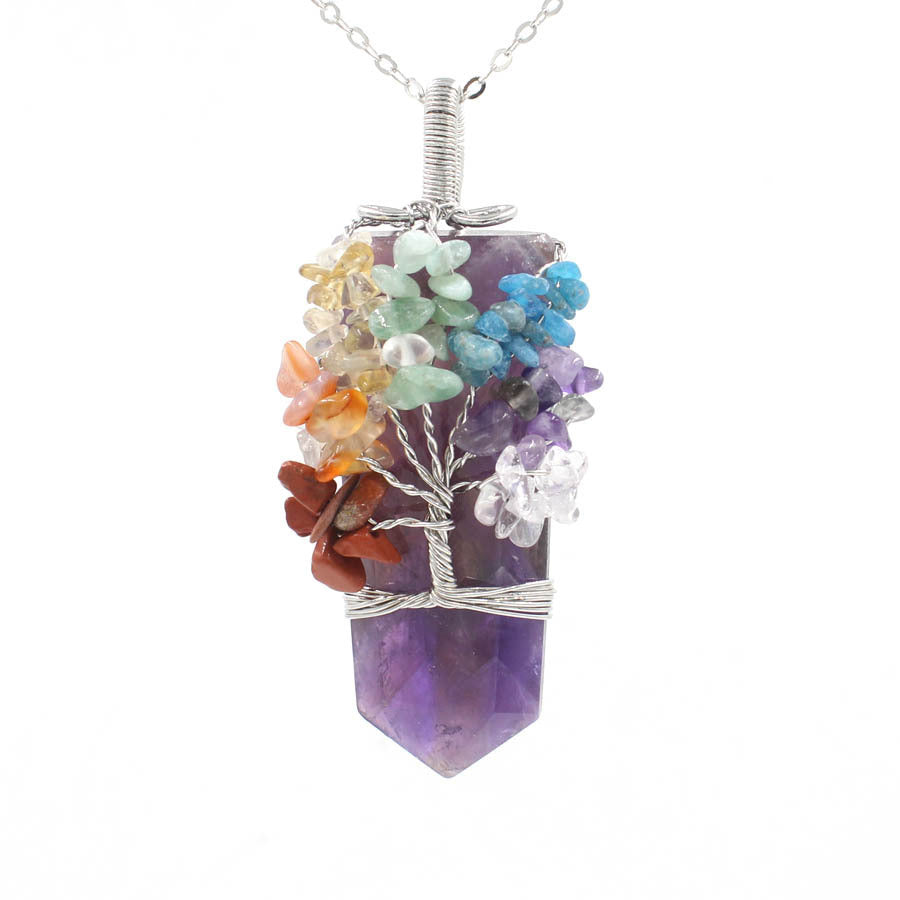 Crystal Column Tree of Life Winding Pendant Necklace in amethyst and multicolored stones.