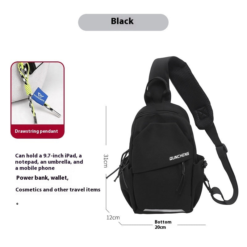 Black men's crossbody bag with drawstring pendant, ideal for leisure travel, wear-resistant nylon cloth material.