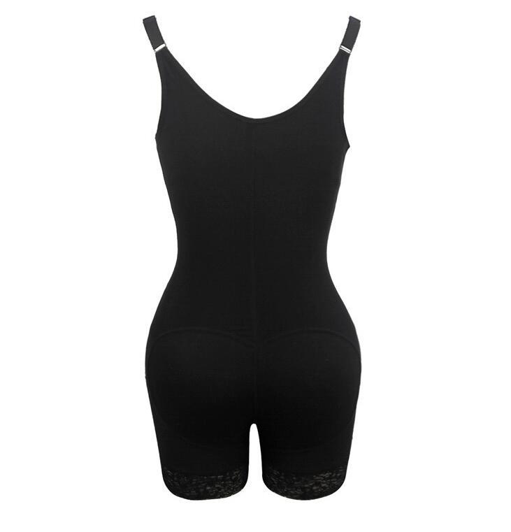 Shaping butt lifter bodysuit in black with adjustable straps and lace trim.