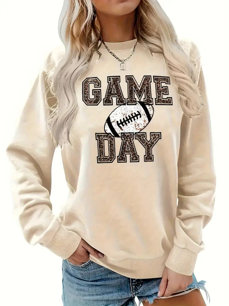 Women's printed long sleeve crew neck sweater, "Game Day" design, medium thickness.