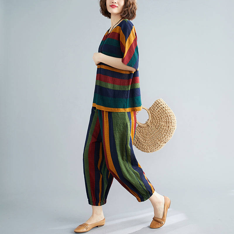 Women's Fashion Summer Loose Art Retro Striped Casual Two-piece Set