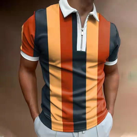men's striped short sleeve polo shirt with lapel collar