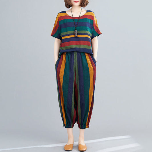 Women's Fashion Summer Loose Art Retro Striped Casual Two-piece Set