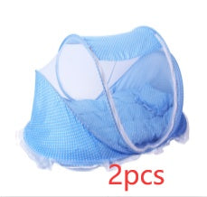 Foldable breathable baby bed net with pillow, blue, 2-piece set.
