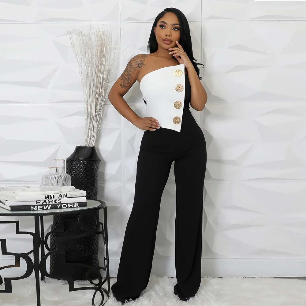 Women's black and white sleeveless button jumpsuit with straight pants and high elasticity.