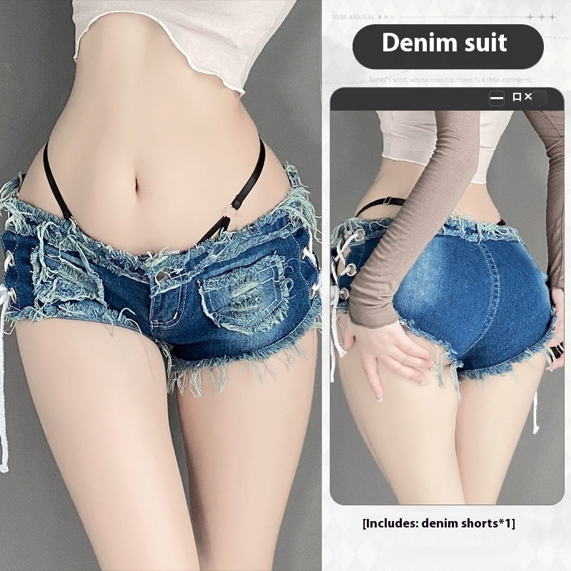 Sexy denim shorts for women in open-end design, polyester fabric.
