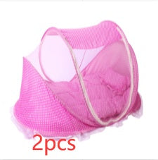 Foldable and breathable pink baby bed net with pillow set, 2 pieces.
