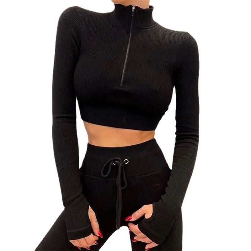Drawstring Zipper Sports Long Sleeve Workout Clothes Suit