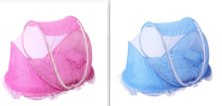 Pink and blue foldable baby bed nets with pillows, featuring breathable mesh design for airflow and protection.