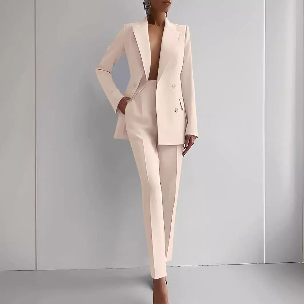 Women's casual suit in apricot, featuring a long-sleeve single-breasted jacket and slim-fit trousers.