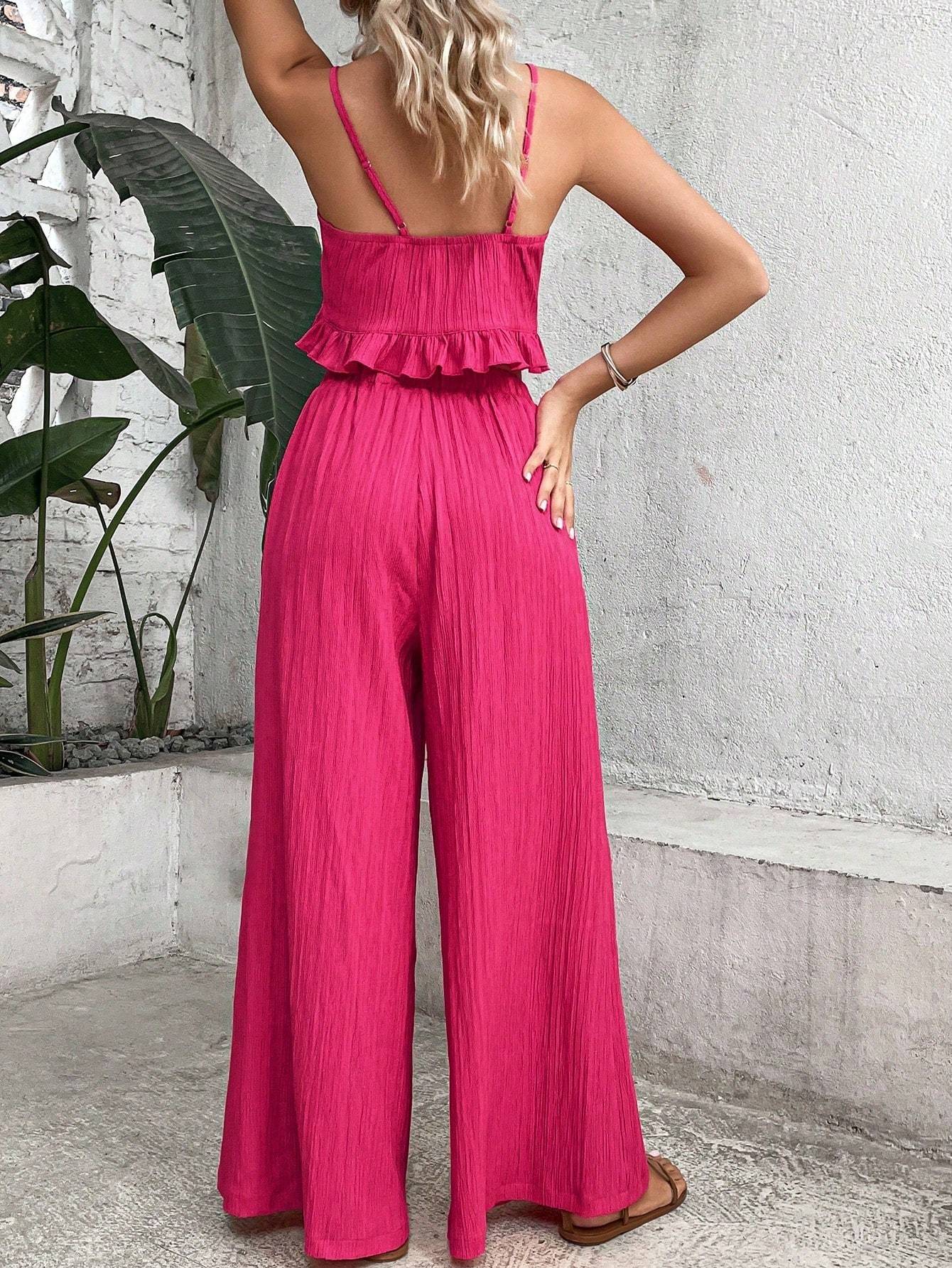 Elegant pink knot front cami top with wide-leg pants, featuring a full-body print and micro elastic polyester fabric for spring/summer.