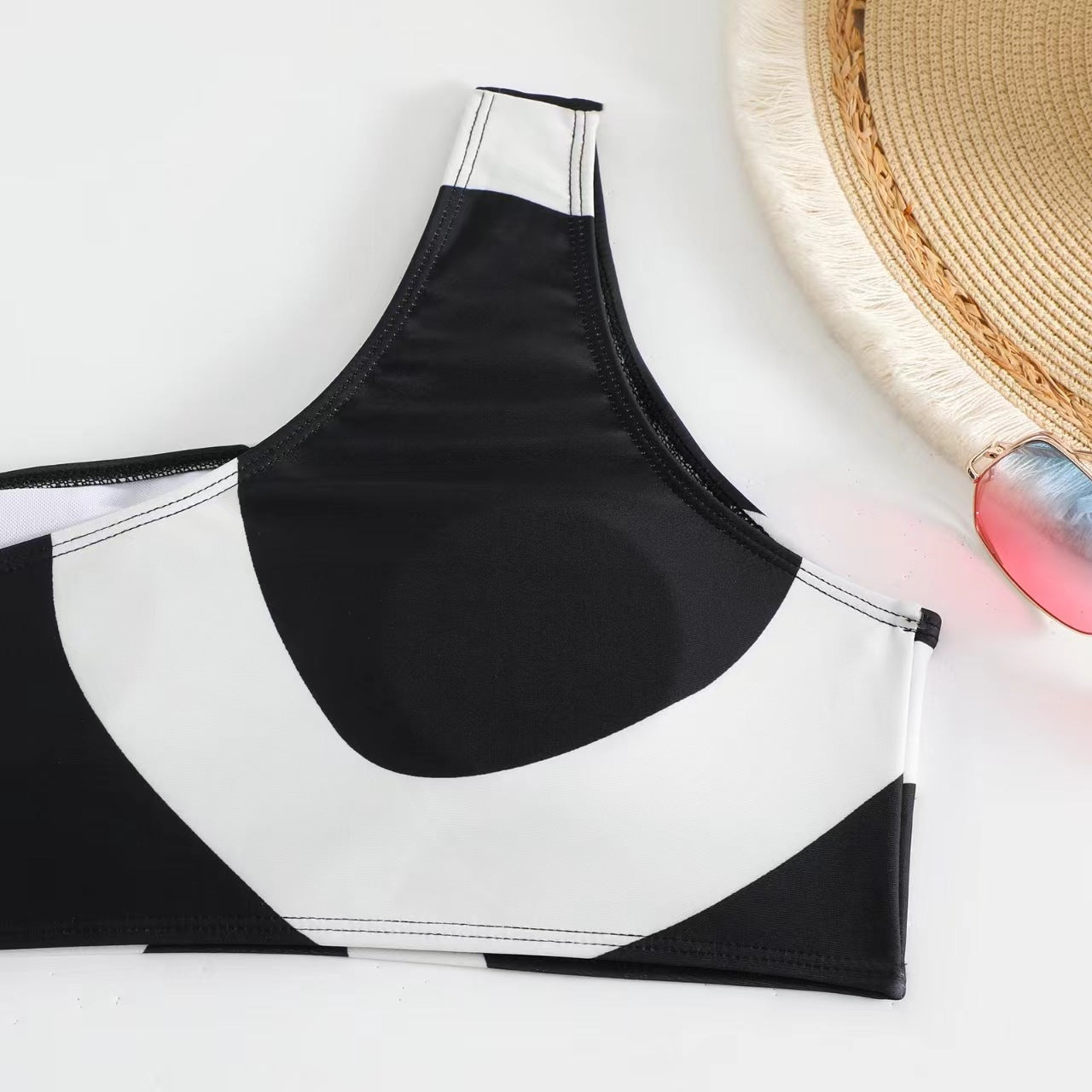 Black And White Printing Color Contrast Shoulder Belt Jumpsuit Sunscreen Gauze Skirt