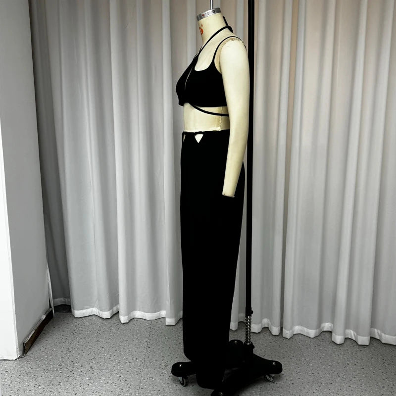 Pure Color Halter Bare Midriff High Waist Sexy Cutout Blouse And Pants