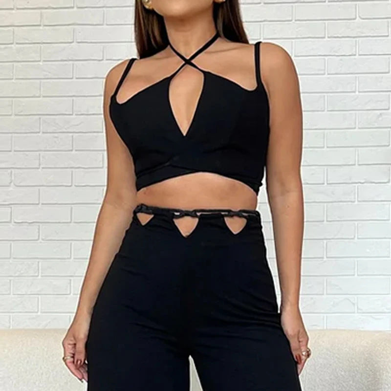 Pure Color Halter Bare Midriff High Waist Sexy Cutout Blouse And Pants