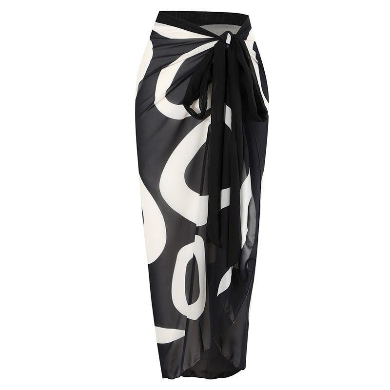 Black And White Printing Color Contrast Shoulder Belt Jumpsuit Sunscreen Gauze Skirt