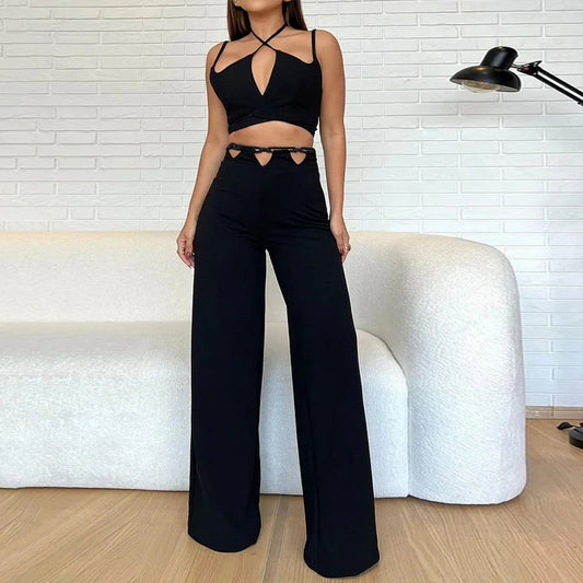 Pure Color Halter Bare Midriff High Waist Sexy Cutout Blouse And Pants