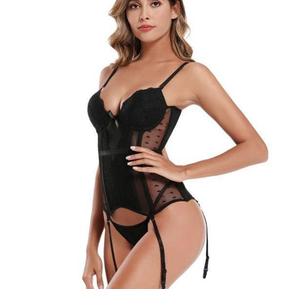 Black see-through garter mesh corset for women.