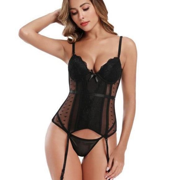 Black garter mesh see-through corset for women, polyester fabric, available in sizes S to XL.