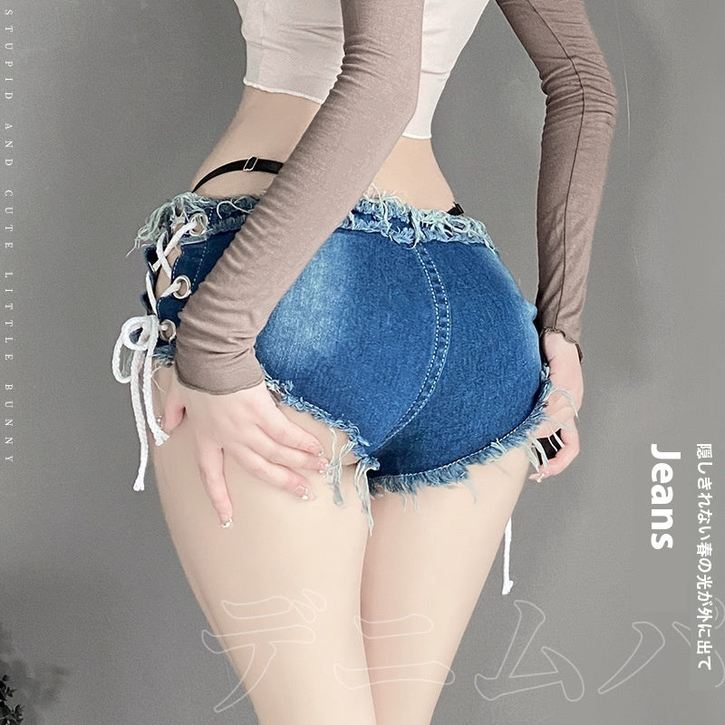 Sexy denim shorts with open-ended design for women, featuring polyester fabric and lace-up sides.
