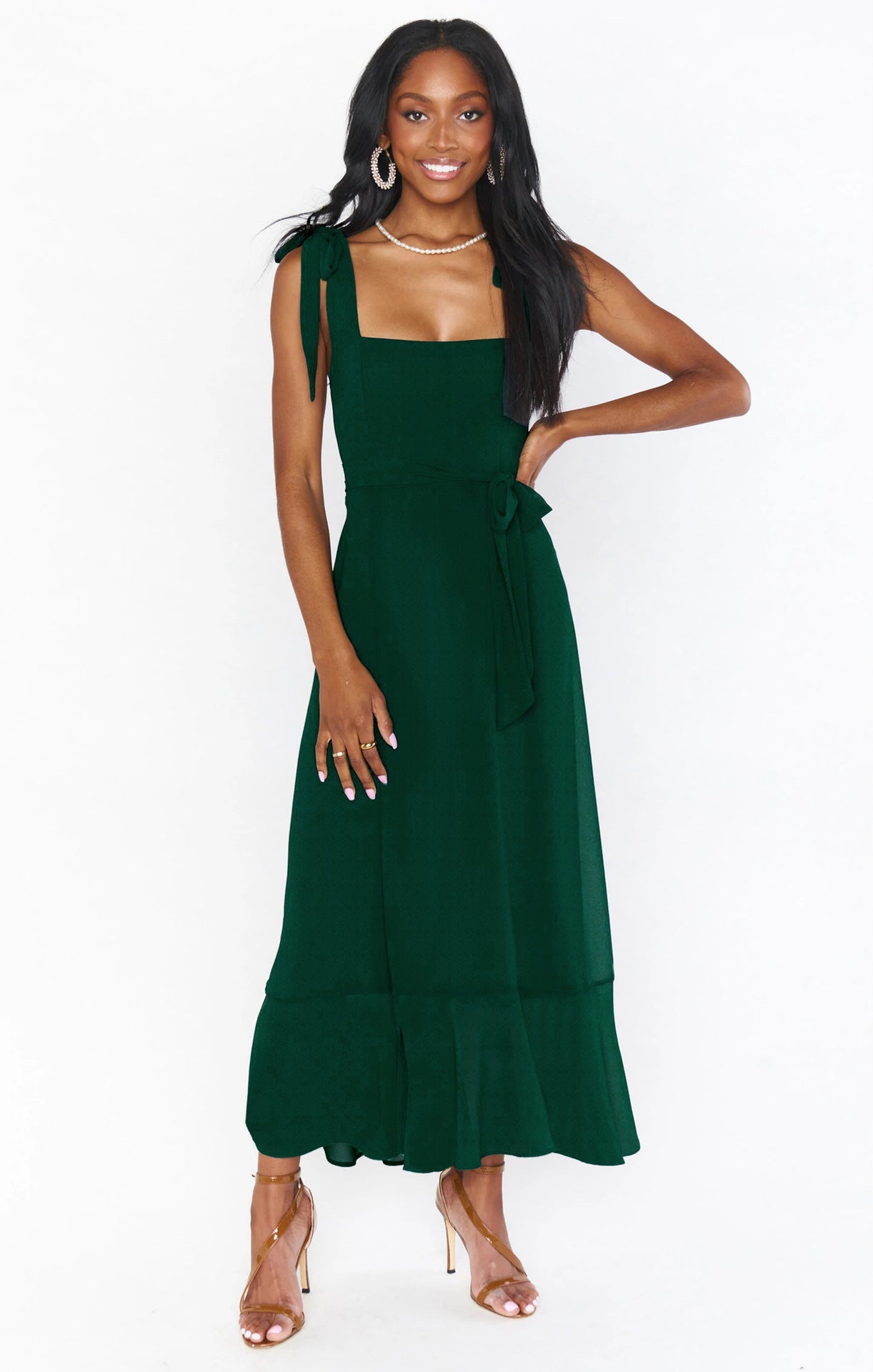 Ruffled green lace-up summer dress for women with suspender straps.