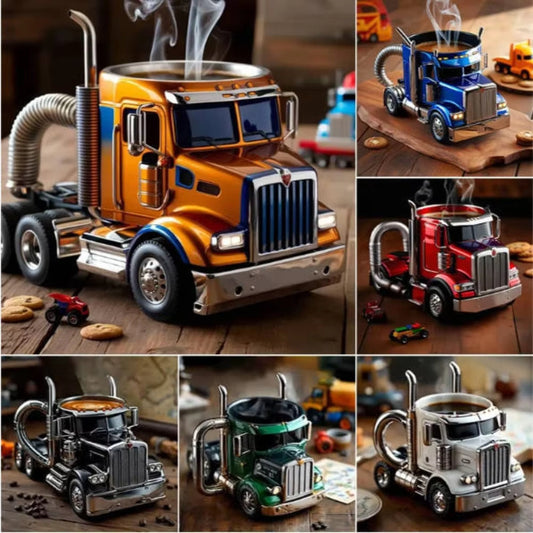 Handcrafted semi-truck shaped ceramic coffee mugs in various colors including orange, blue, red, green, and silver white for truck enthusiasts.