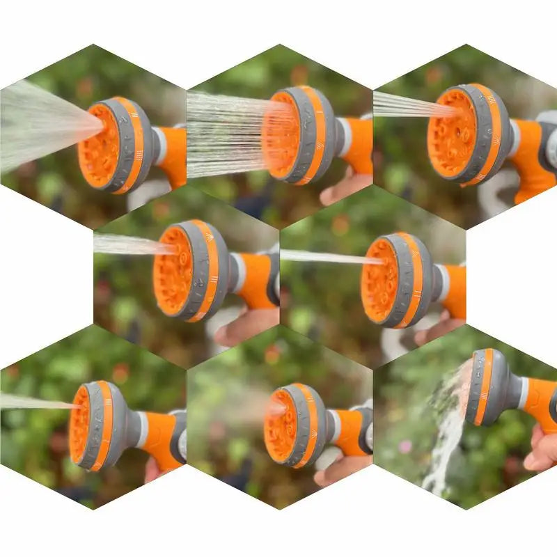 Garden hose spray nozzle with 8 adjustable patterns, high pressure, ergonomic grip, orange design.