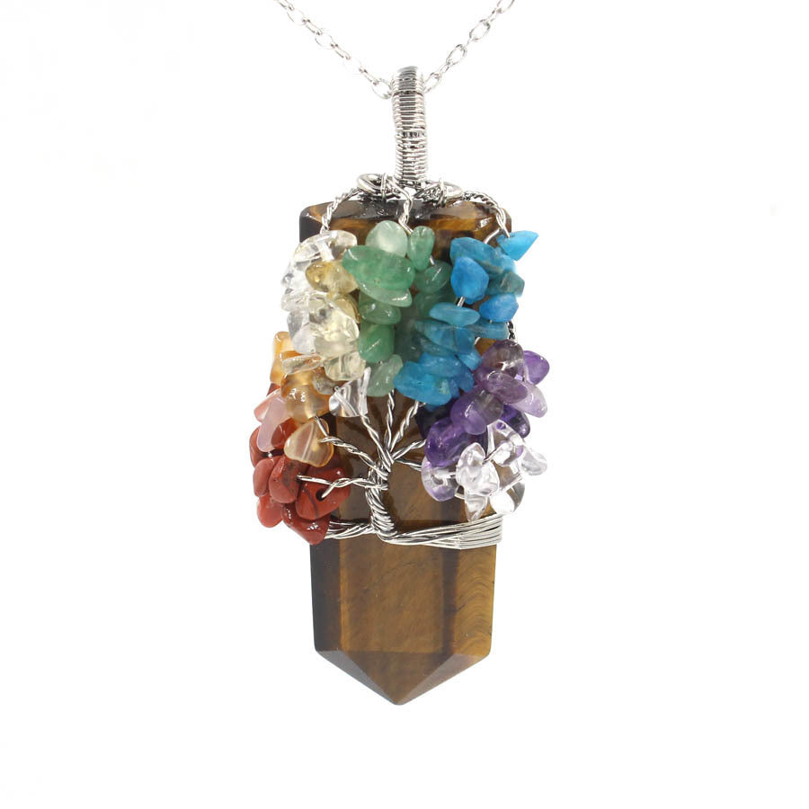 Crystal Column Tree Of Life Winding Pendant Necklace with colorful natural stones, featuring Tiger's Eye and alloy inlaid gems.