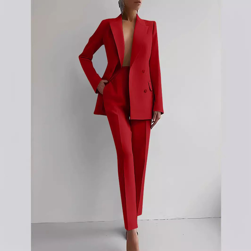 Casual red women's business suit with long sleeve single-breasted jacket and slim fit trousers, stylish and comfortable.