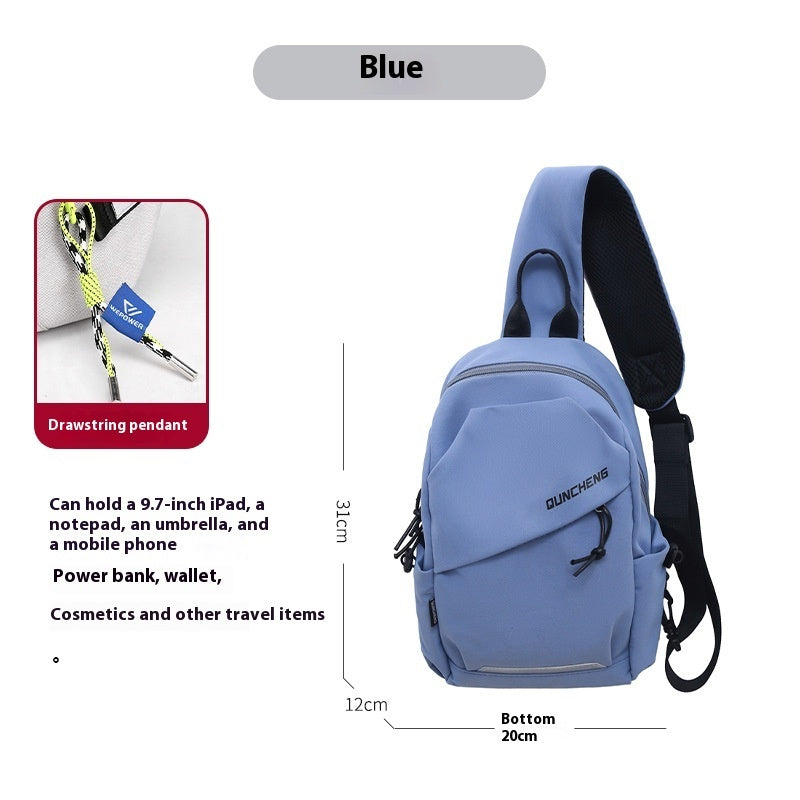 Blue crossbody bag with drawstring pendant for men's leisure travel; street trend style with letter pattern, nylon material.