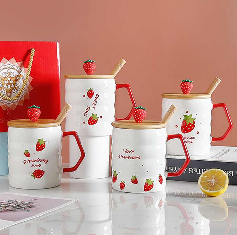 Large capacity ceramic strawberry mug with bamboo lid and strawberry design.