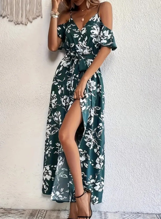 Flower print summer dress with split and lace-up design.