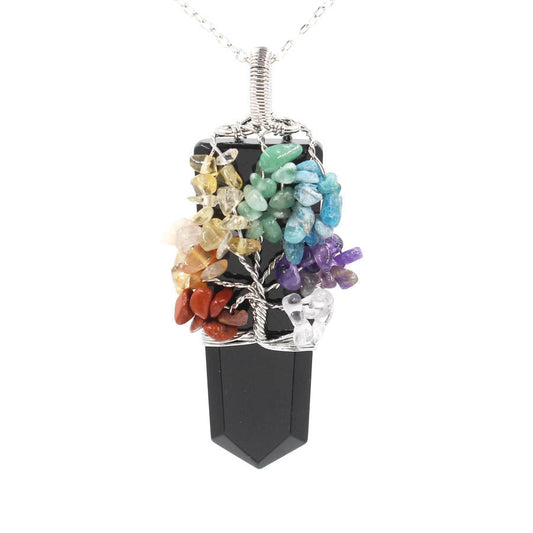 Crystal Column Tree of Life Pendant Necklace with Natural Stones on Chain