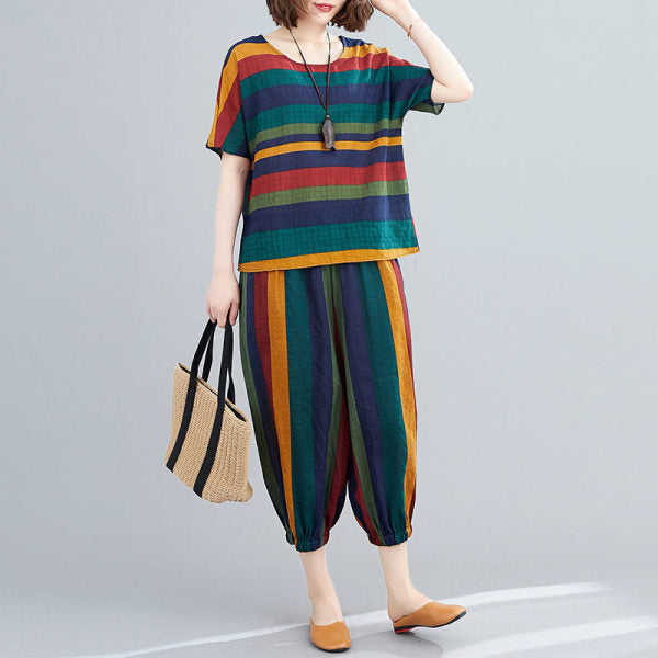 Women's Fashion Summer Loose Art Retro Striped Casual Two-piece Set