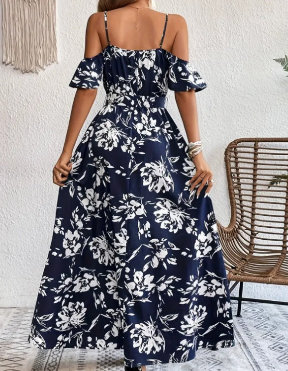 Flower print summer dress with lace-up design and suspenders in navy blue.